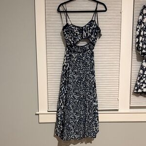 Reiss Blue and White Patterned Midi Dress with Cutout